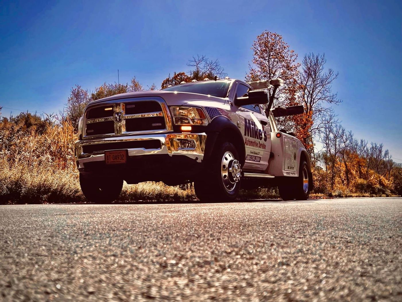 Mike's Ram 5500 wrecker on a North Haven road